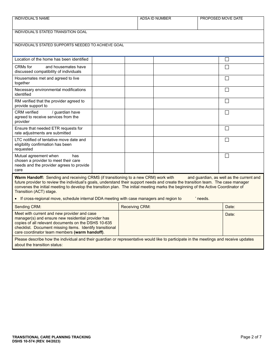 DSHS Form 10-574 Transitional Care Planning Tracking - Washington, Page 2