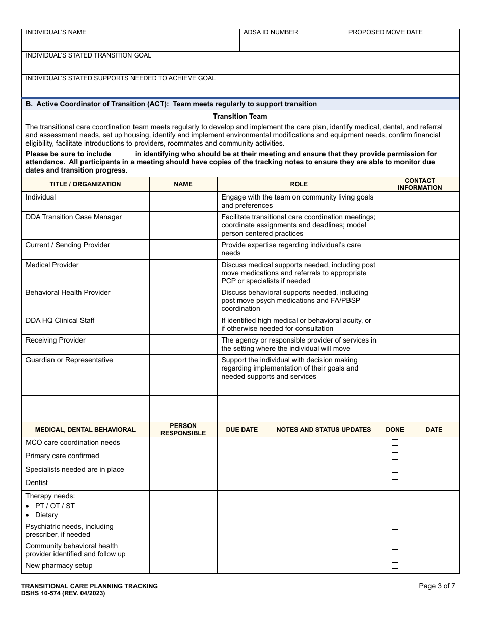 DSHS Form 10-574 Transitional Care Planning Tracking - Washington, Page 3