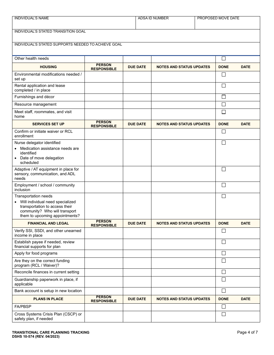 DSHS Form 10-574 Transitional Care Planning Tracking - Washington, Page 4