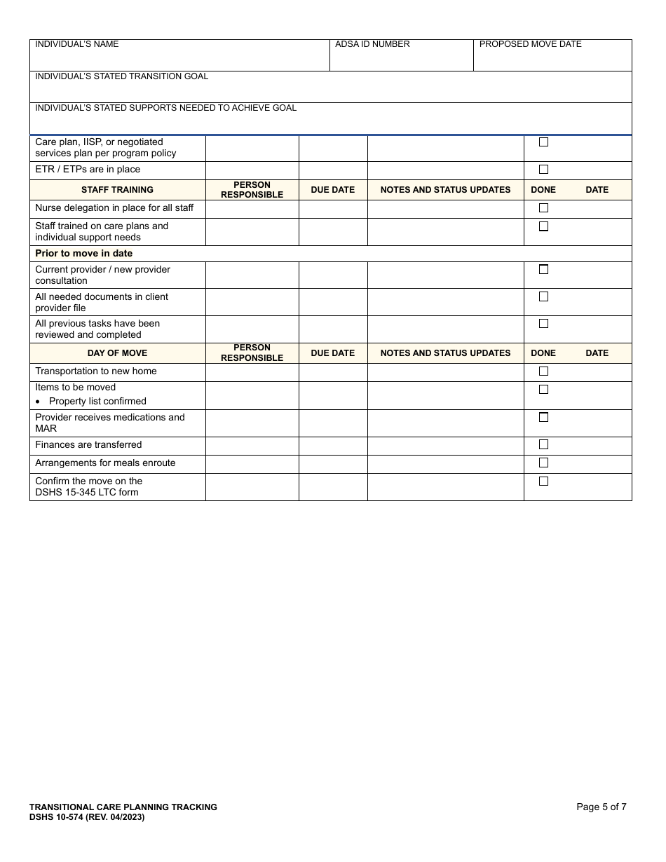 DSHS Form 10-574 Transitional Care Planning Tracking - Washington, Page 5