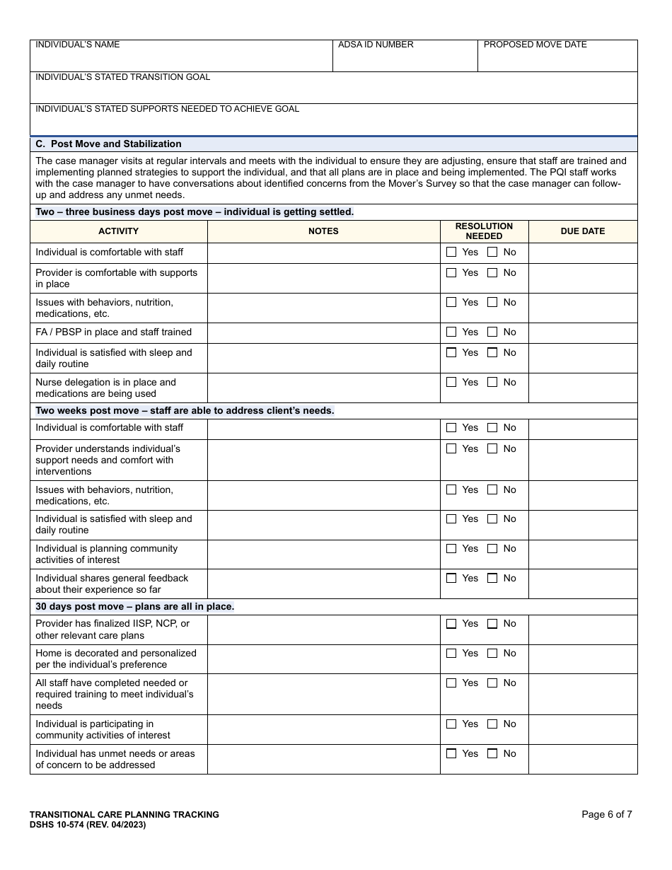 DSHS Form 10-574 Transitional Care Planning Tracking - Washington, Page 6