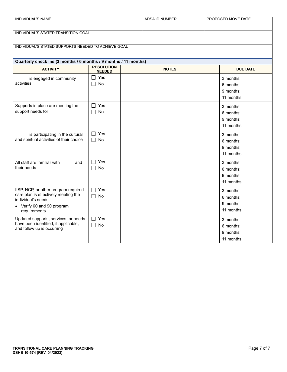 DSHS Form 10-574 Transitional Care Planning Tracking - Washington, Page 7
