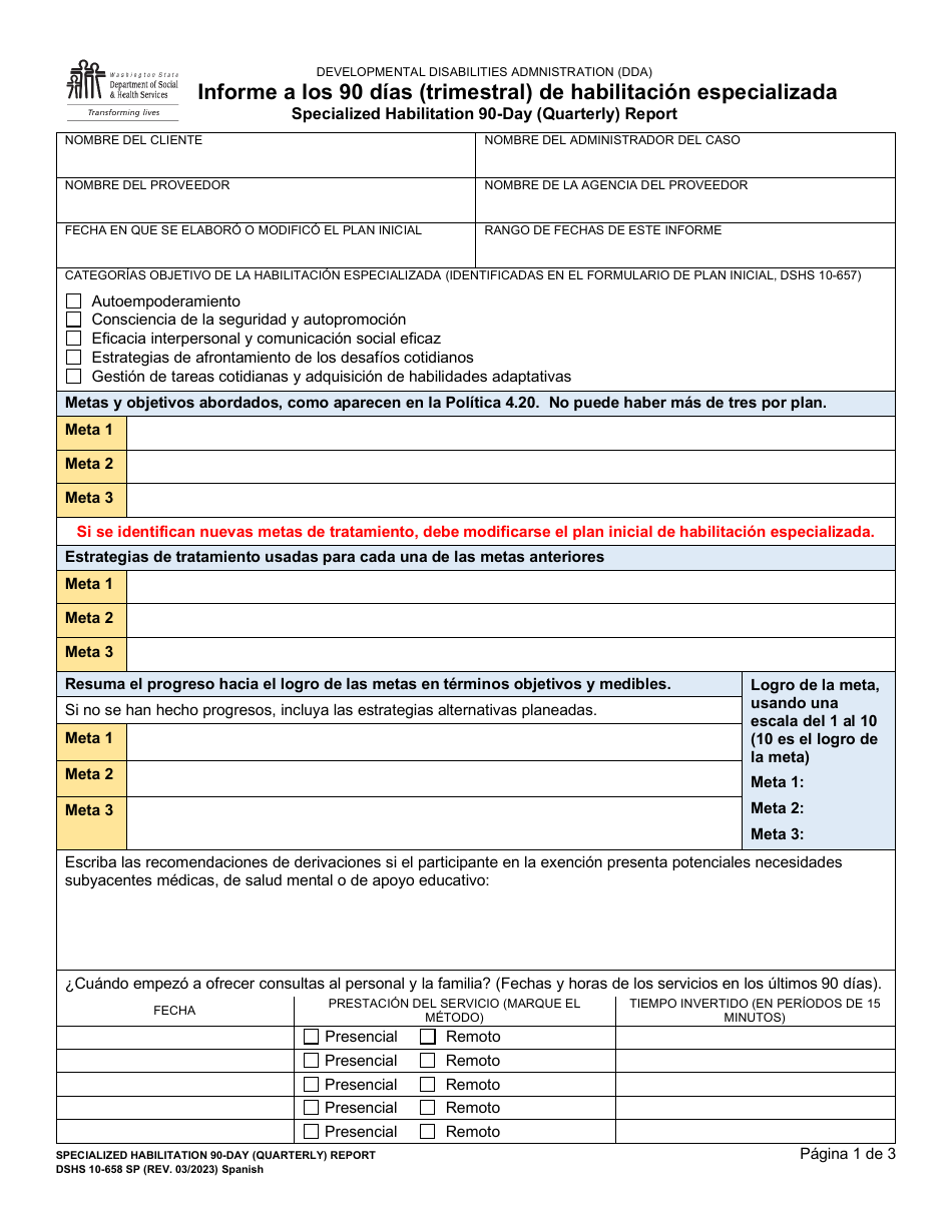 DSHS Formulario 10-658 Informe a Los 90 Dias (Trimestral) De Habilitacion Especializada - Washington (Spanish), Page 1