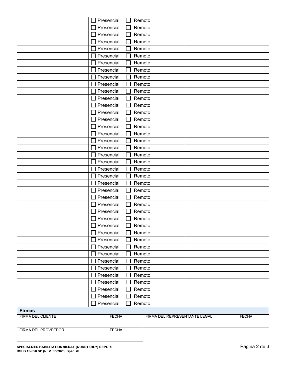 DSHS Formulario 10-658 Informe a Los 90 Dias (Trimestral) De Habilitacion Especializada - Washington (Spanish), Page 2