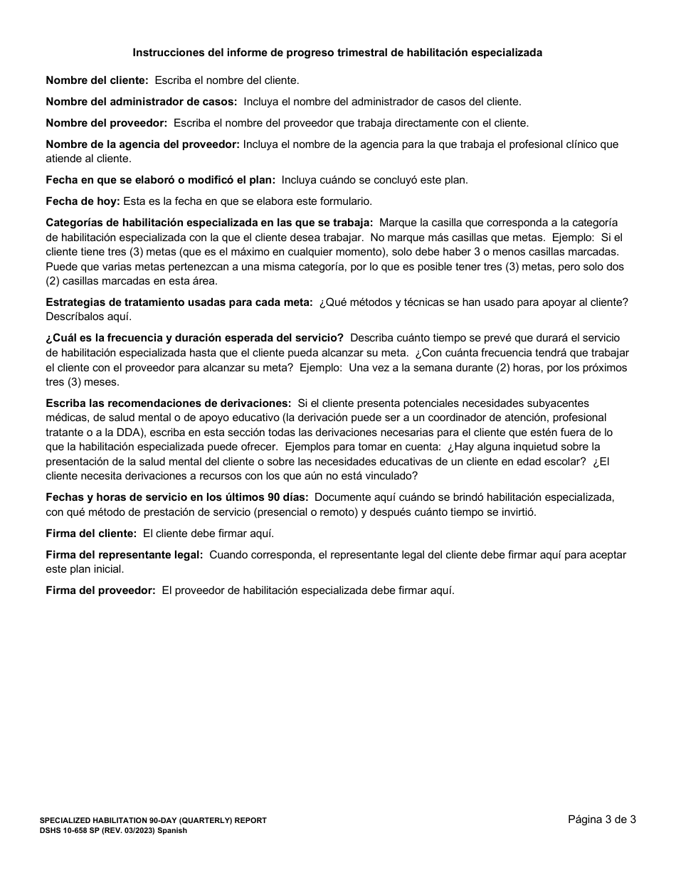 DSHS Formulario 10-658 Informe a Los 90 Dias (Trimestral) De Habilitacion Especializada - Washington (Spanish), Page 3