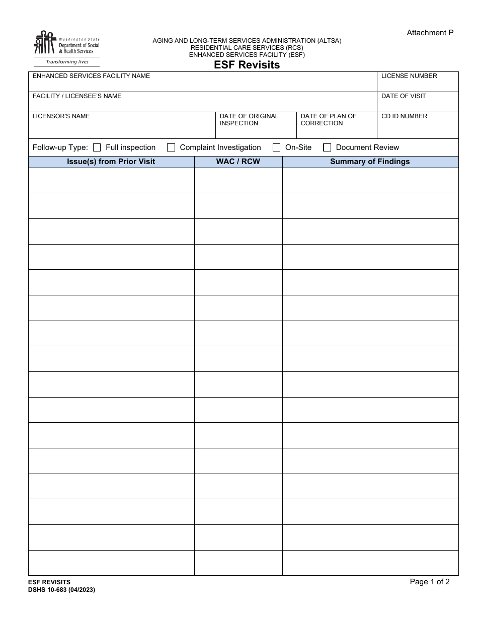 DSHS Form 10-683 Attachment P Enhanced Services Facility (Esf) Revisits - Washington, Page 1