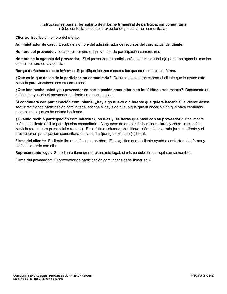 DSHS Formulario 10-660 Participacion En La Comunidad Informe De Progreso Trimestral - Washington (Spanish), Page 2