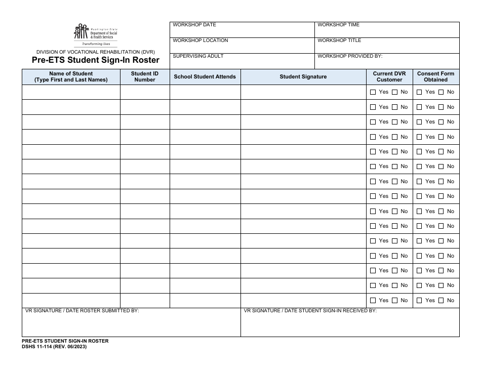 DSHS Form 11-114 Pre-ets Student Sign-In Roster - Washington, Page 1