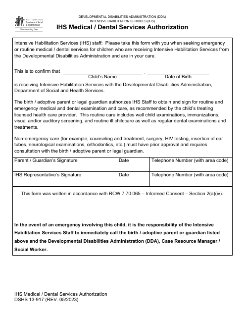 DSHS Form 13-917 Ihs Medical/Dental Services Authorization - Washington