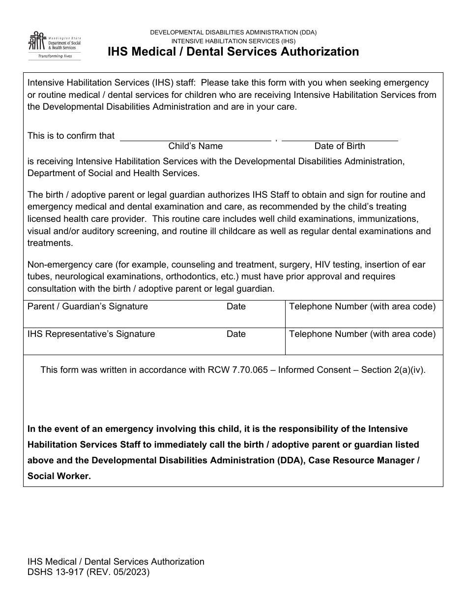 DSHS Form 13-917 Ihs Medical / Dental Services Authorization - Washington, Page 1