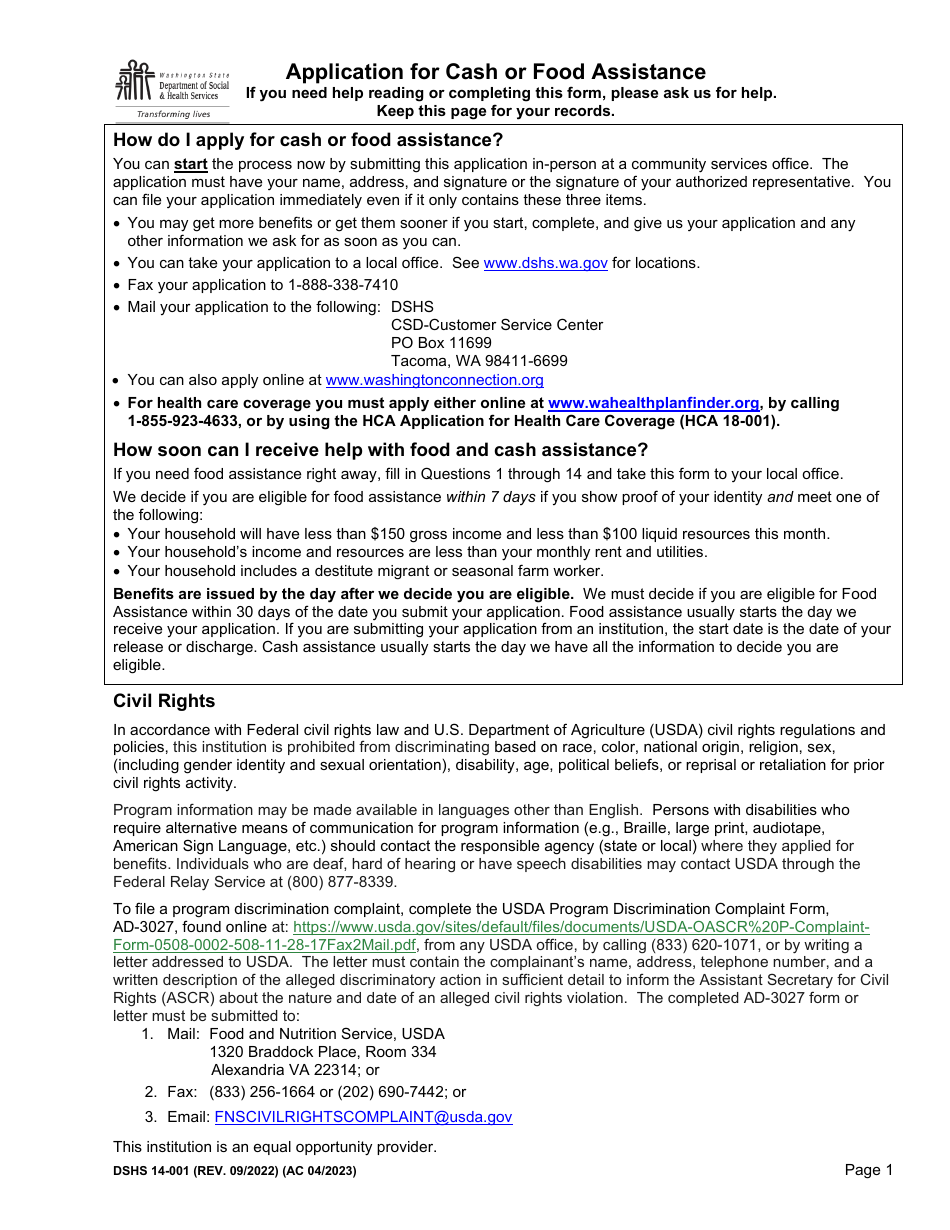 DSHS Form 14-001 Application for Cash or Food Assistance - Washington, Page 1