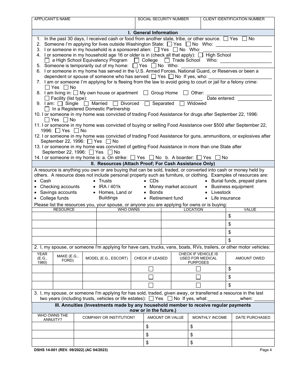 DSHS Form 14-001 Application for Cash or Food Assistance - Washington, Page 4
