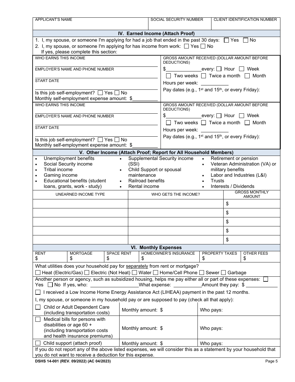 DSHS Form 14-001 Application for Cash or Food Assistance - Washington, Page 5