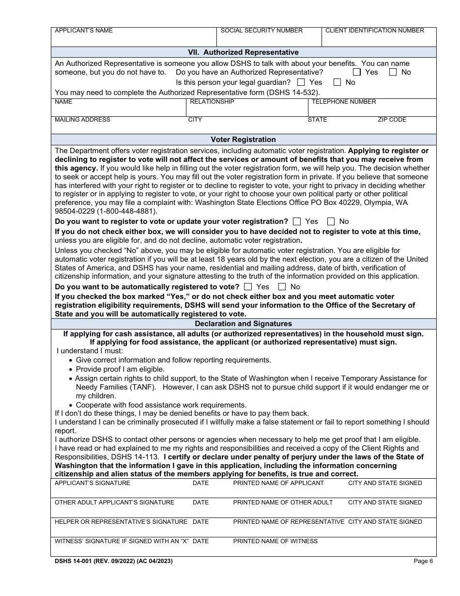 DSHS Form 14-001 Application for Cash or Food Assistance - Washington, Page 6