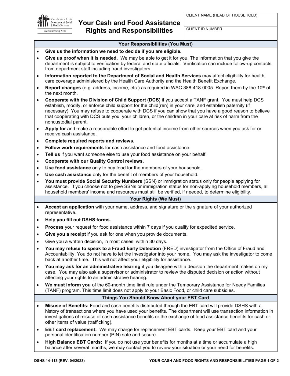DSHS Form 14-113 Your Cash and Food Assistance Rights and Responsibilities - Washington, Page 1