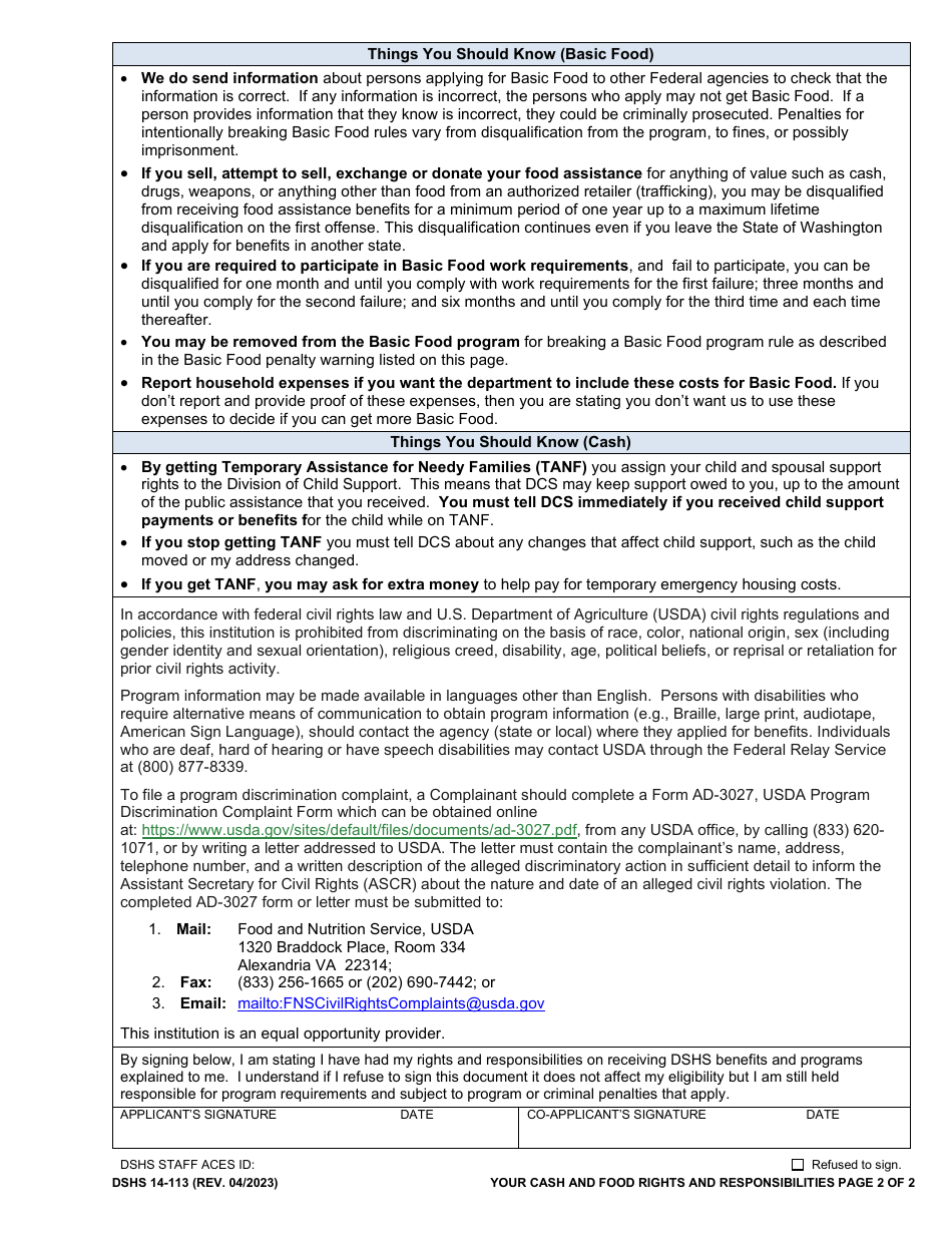 DSHS Form 14-113 Your Cash and Food Assistance Rights and Responsibilities - Washington, Page 2