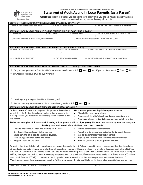 DSHS Form 14-436 Statement of Adult Acting in Loco Parentis (As a Parent) - Washington