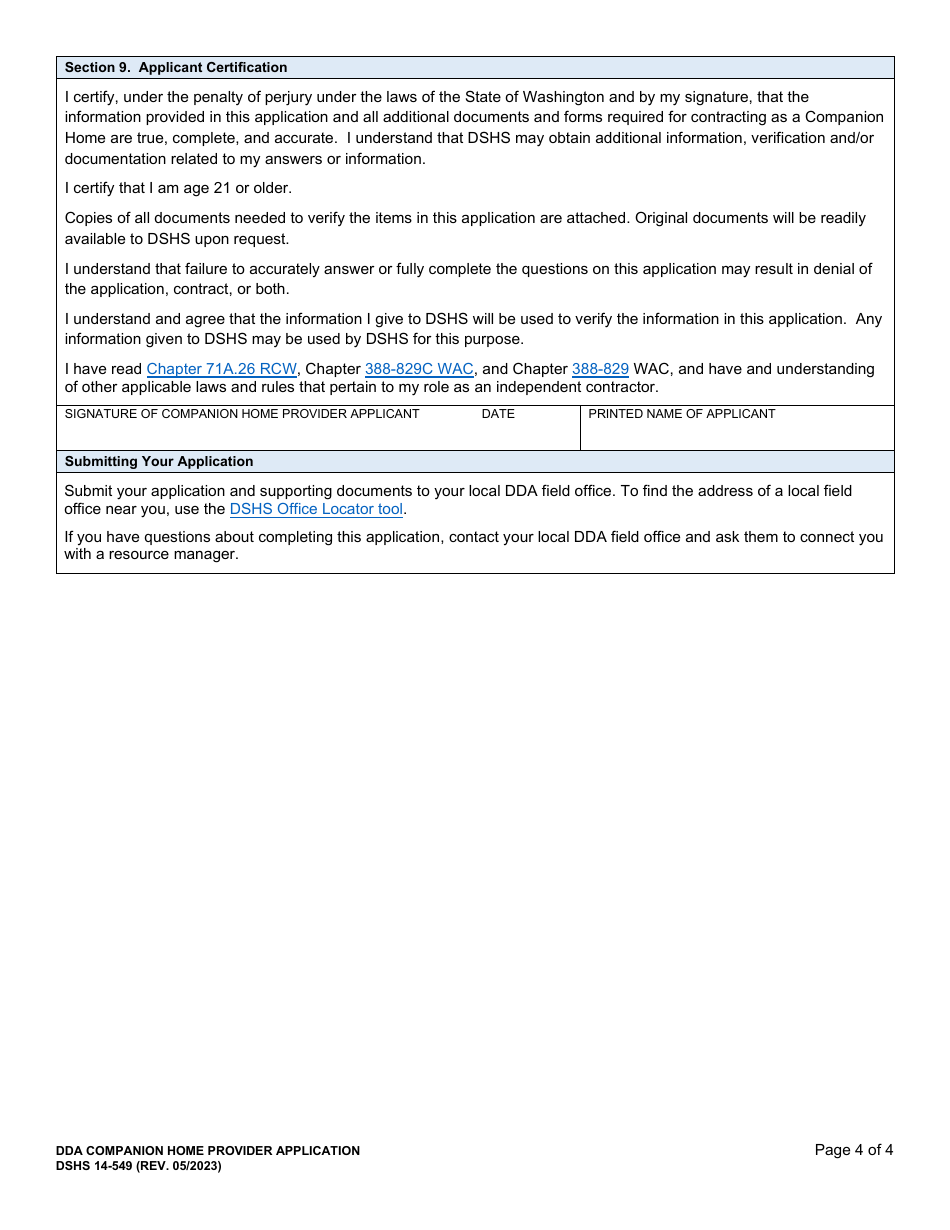 DSHS Form 14-549 Dda Companion Home Provider Application - Washington, Page 4
