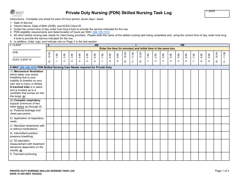 DSHS Form 15-344 Private Duty Nursing (Pdn) Skilled Nursing Task Log - Washington