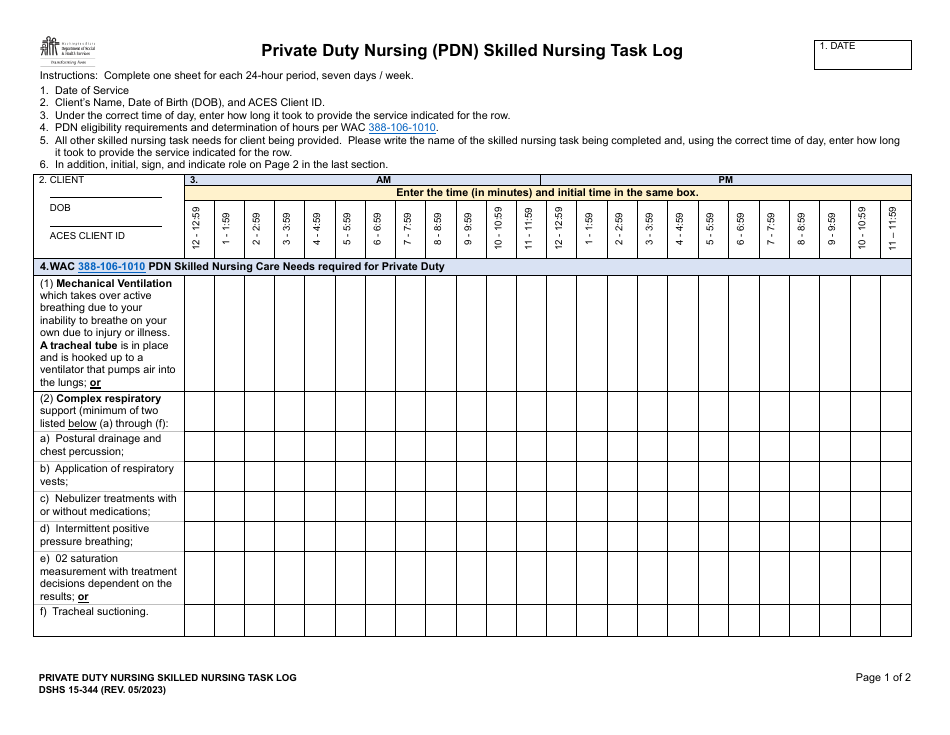 DSHS Form 15-344 Private Duty Nursing (Pdn) Skilled Nursing Task Log - Washington, Page 1