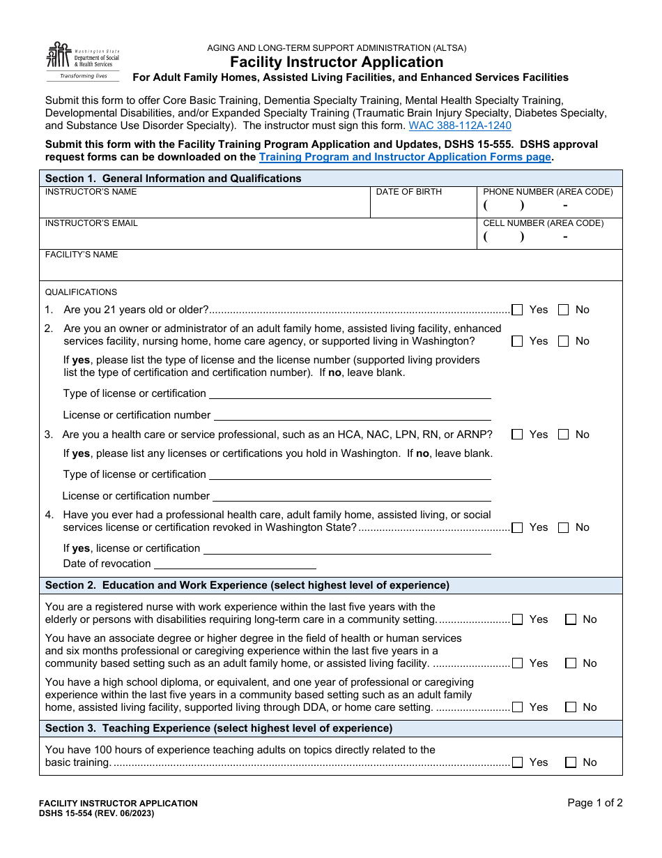 DSHS Form 15-554 Facility Instructor Application for Adult Family Homes, Assisted Living Facilities, and Enhanced Services Facilities - Washington, Page 1