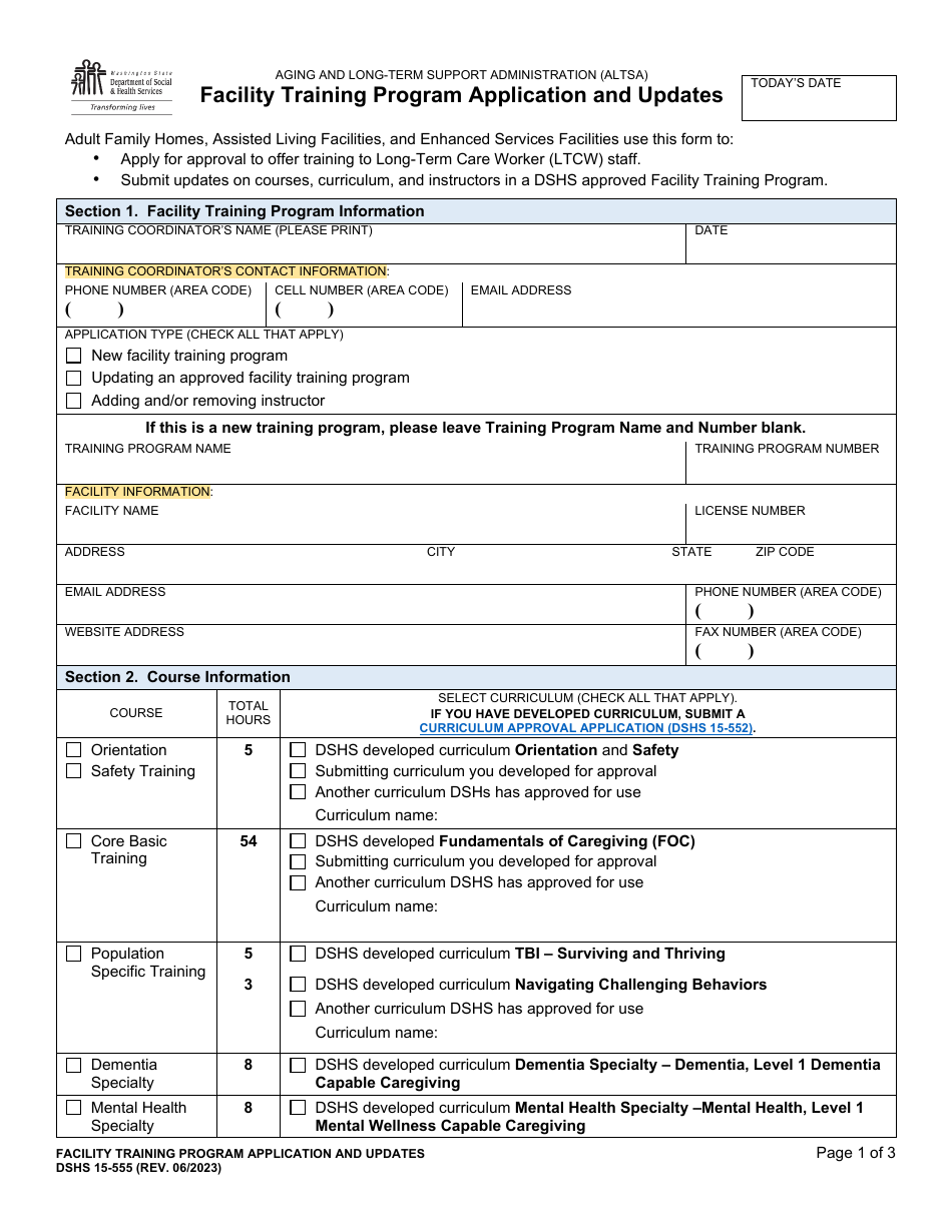 DSHS Form 15-555 Facility Training Program Application and Updates - Washington, Page 1