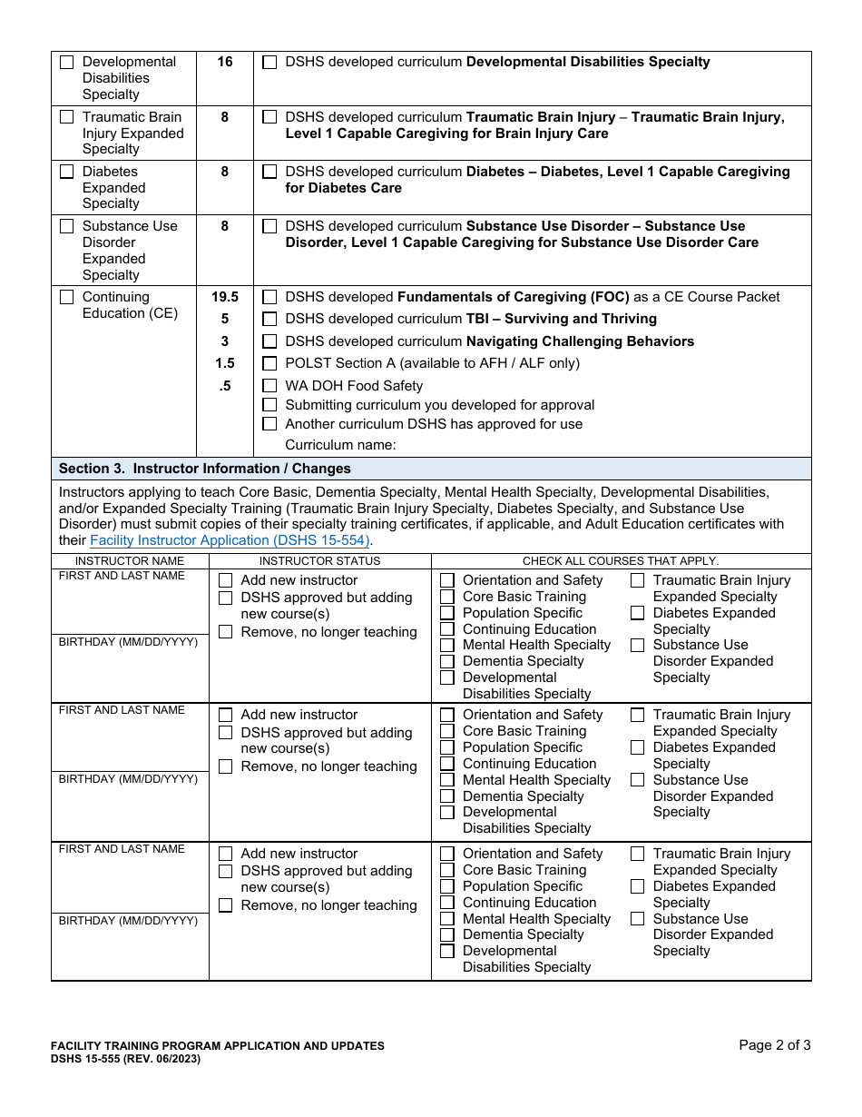 DSHS Form 15-555 Facility Training Program Application and Updates - Washington, Page 2