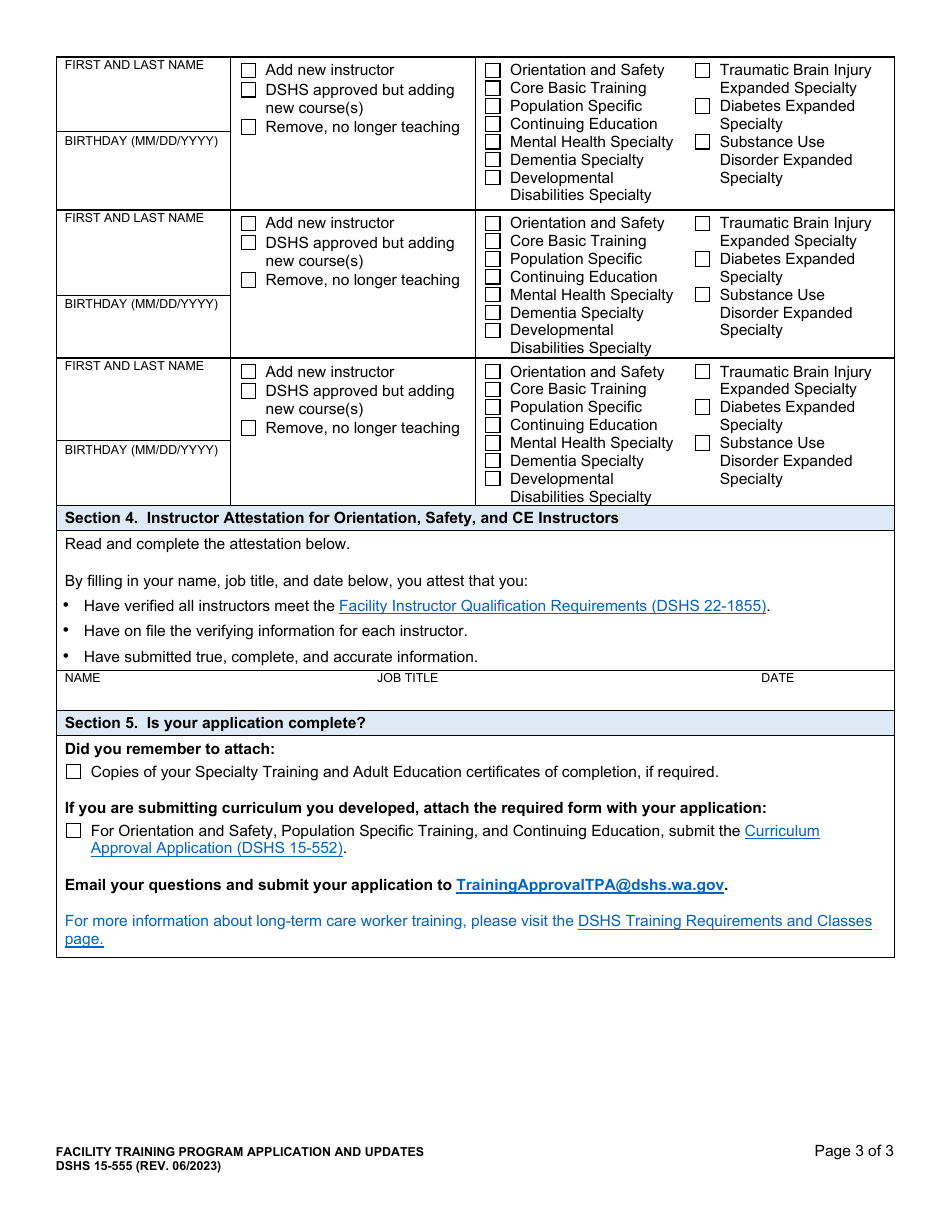 DSHS Form 15-555 Facility Training Program Application and Updates - Washington, Page 3
