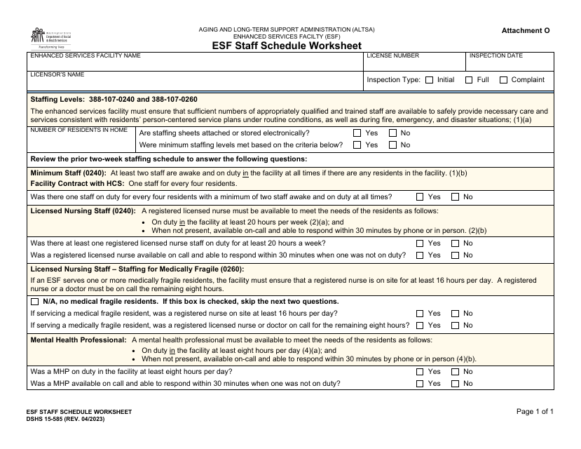 DSHS Form 15-585 Attachment O  Printable Pdf