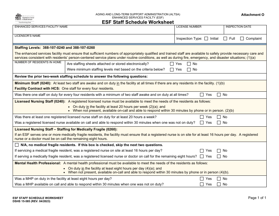 DSHS Form 15-585 Attachment O Esf Staff Schedule Worksheet - Washington, Page 1
