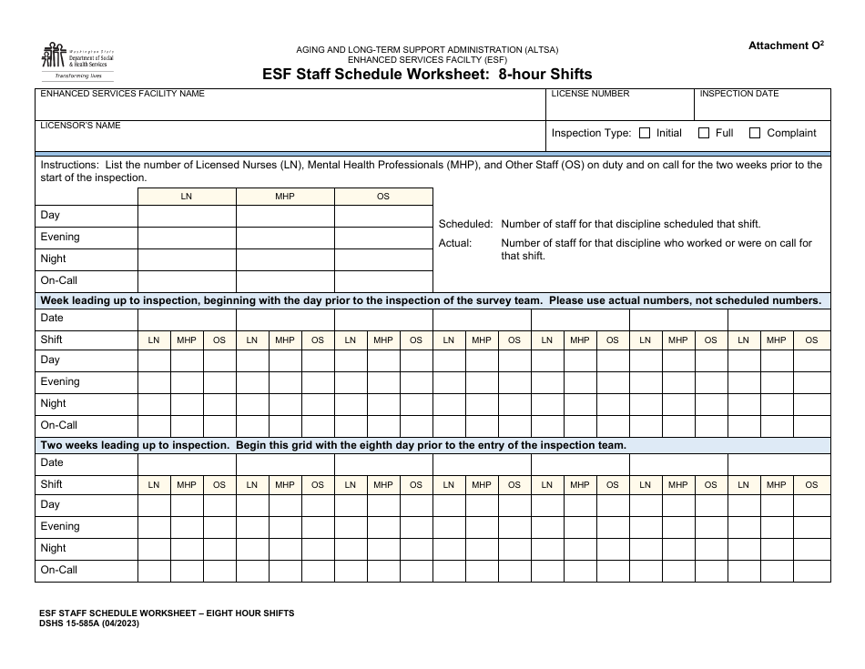 DSHS Form 15-585A Attachment O2 Esf Staff Schedule Worksheet: 8-hour Shifts - Washington, Page 1
