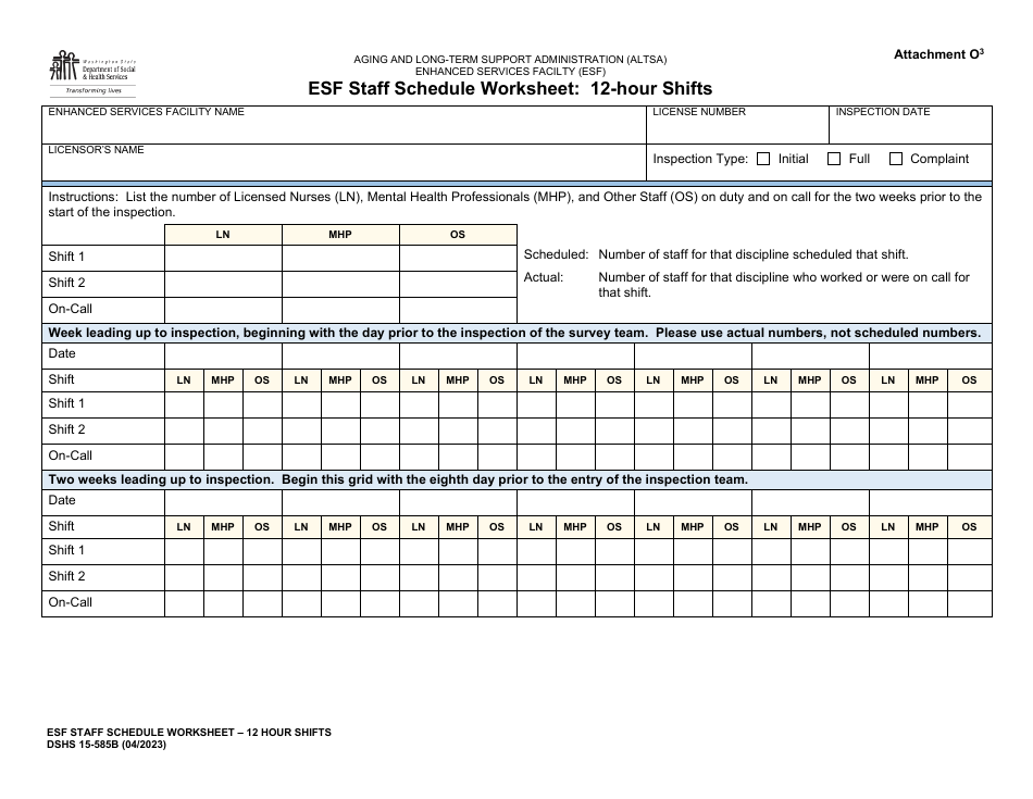 DSHS Form 15-585B Attachment O3 Esf Staff Schedule Worksheet: 12-hour Shifts - Washington, Page 1