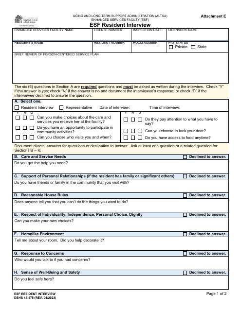 DSHS Form 15-575 Attachment E  Printable Pdf