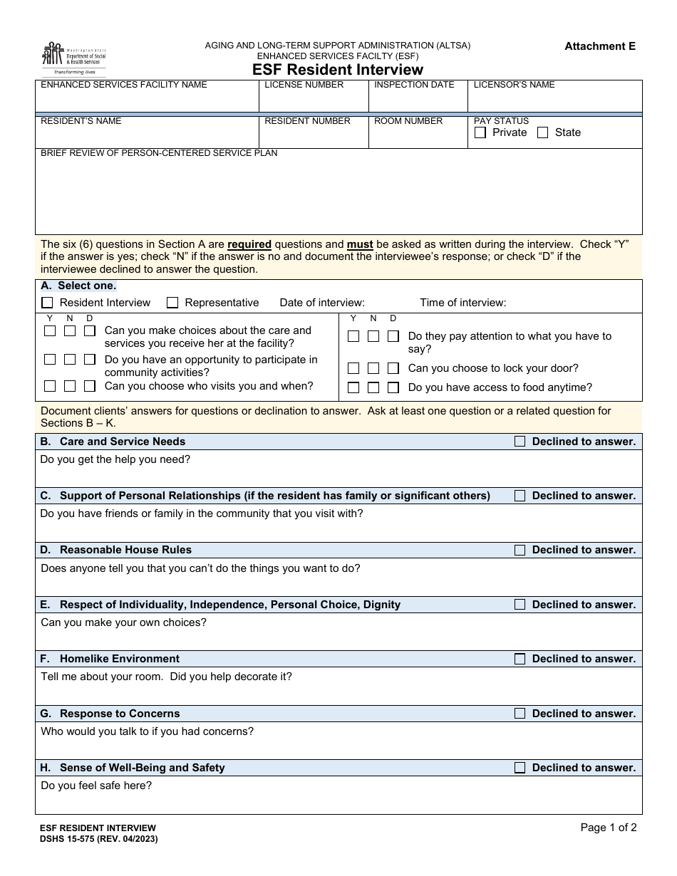 DSHS Form 15-575 Attachment E Esf Resident Interview - Washington, Page 1