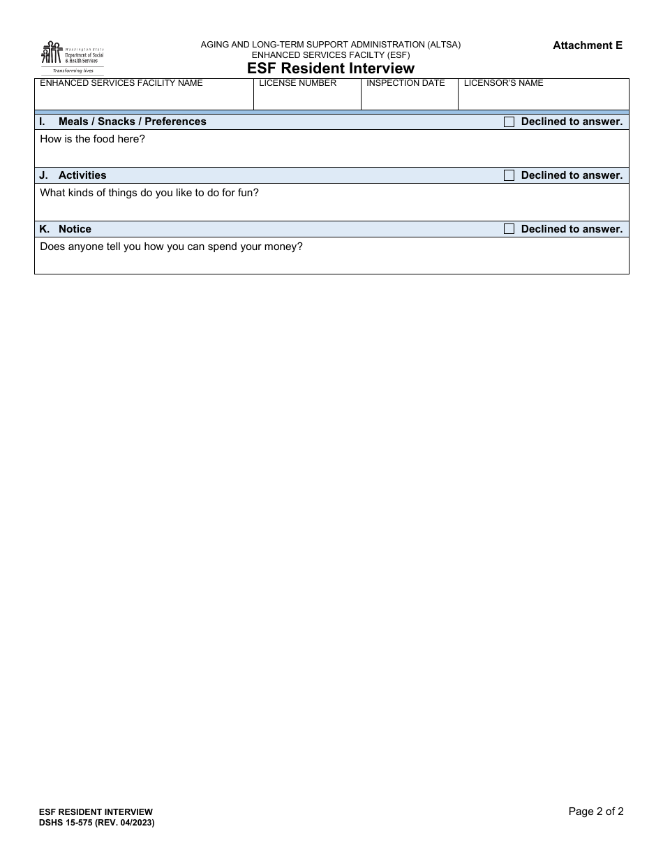 DSHS Form 15-575 Attachment E Esf Resident Interview - Washington, Page 2