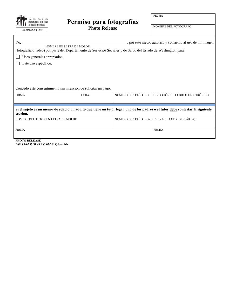 DSHS Formulario 16-235 Permiso Para Fotografias - Washington (Spanish), Page 1