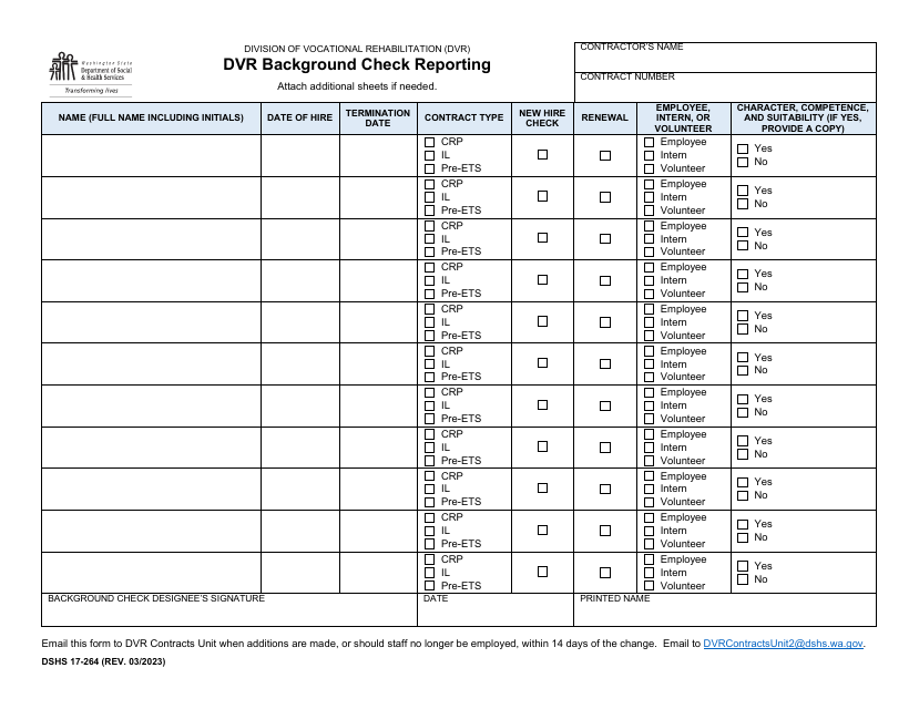 DSHS Form 17-264 Dvr Background Check Reporting - Washington
