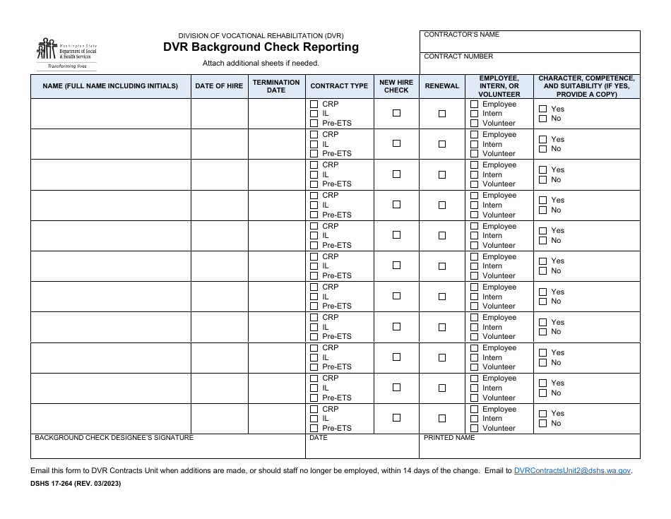 DSHS Form 17-264 Dvr Background Check Reporting - Washington, Page 1