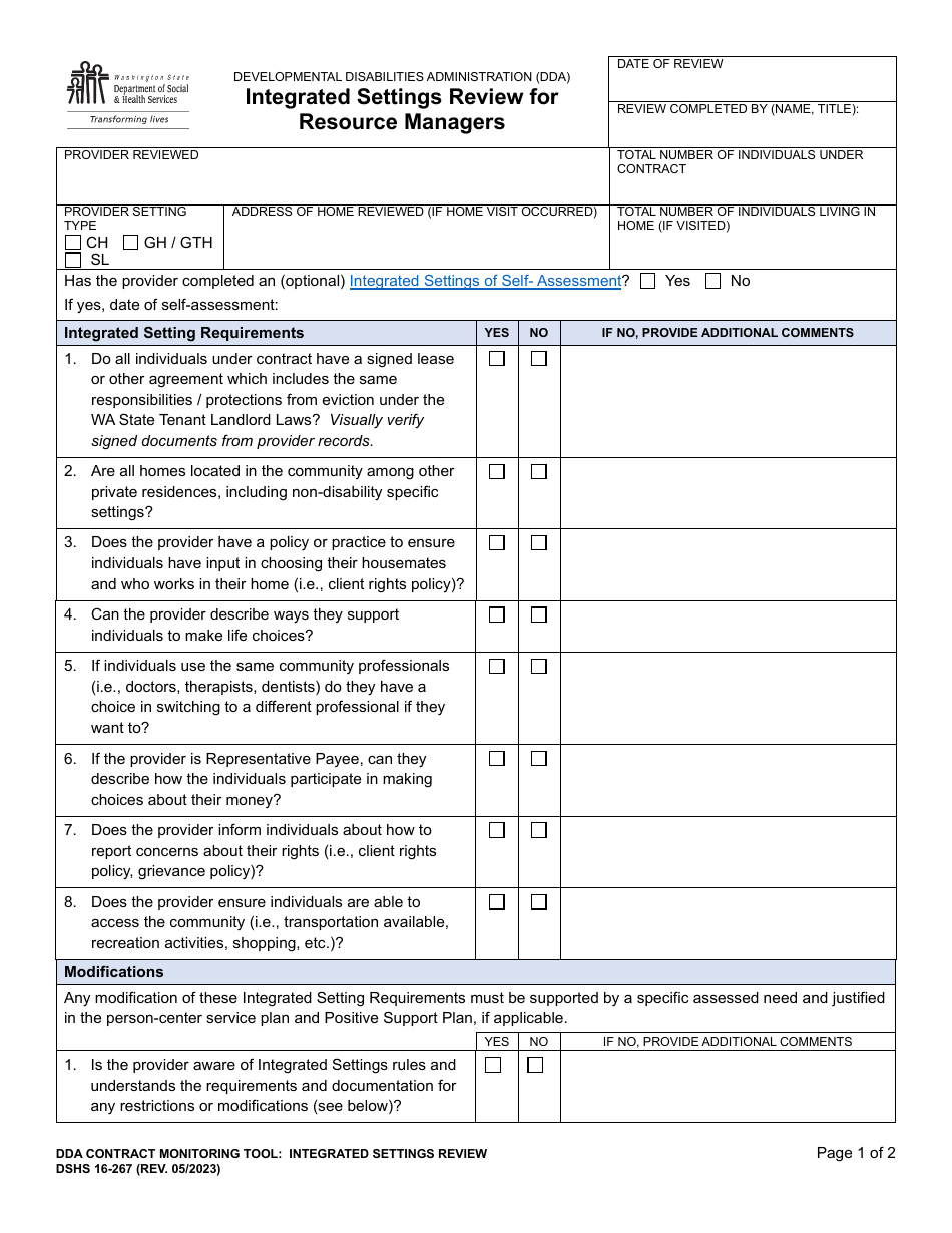 DSHS Form 16-267 Integrated Settings Review for Resource Managers - Washington, Page 1