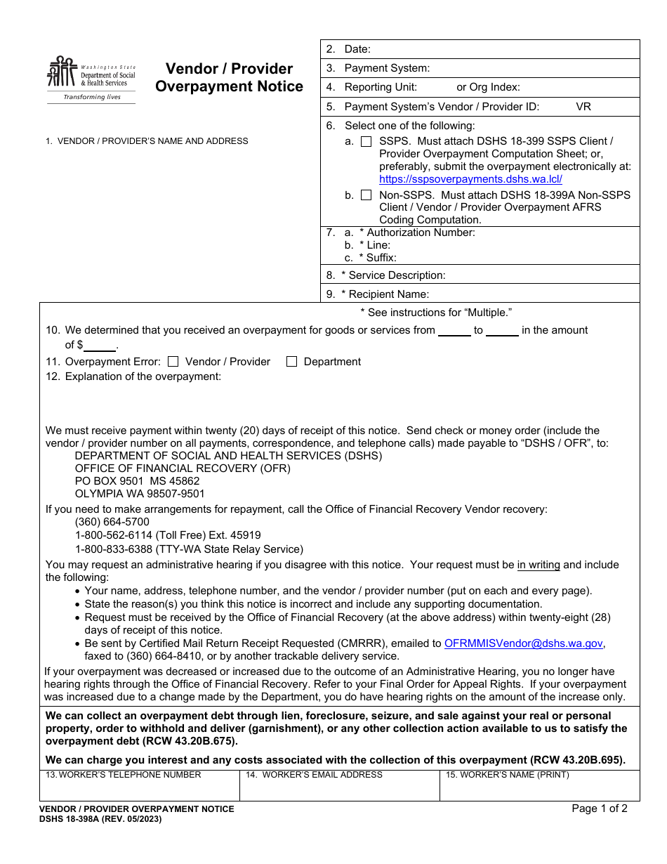 DSHS Form 18-398A Vendor / Provider Overpayment Notice - Washington, Page 1