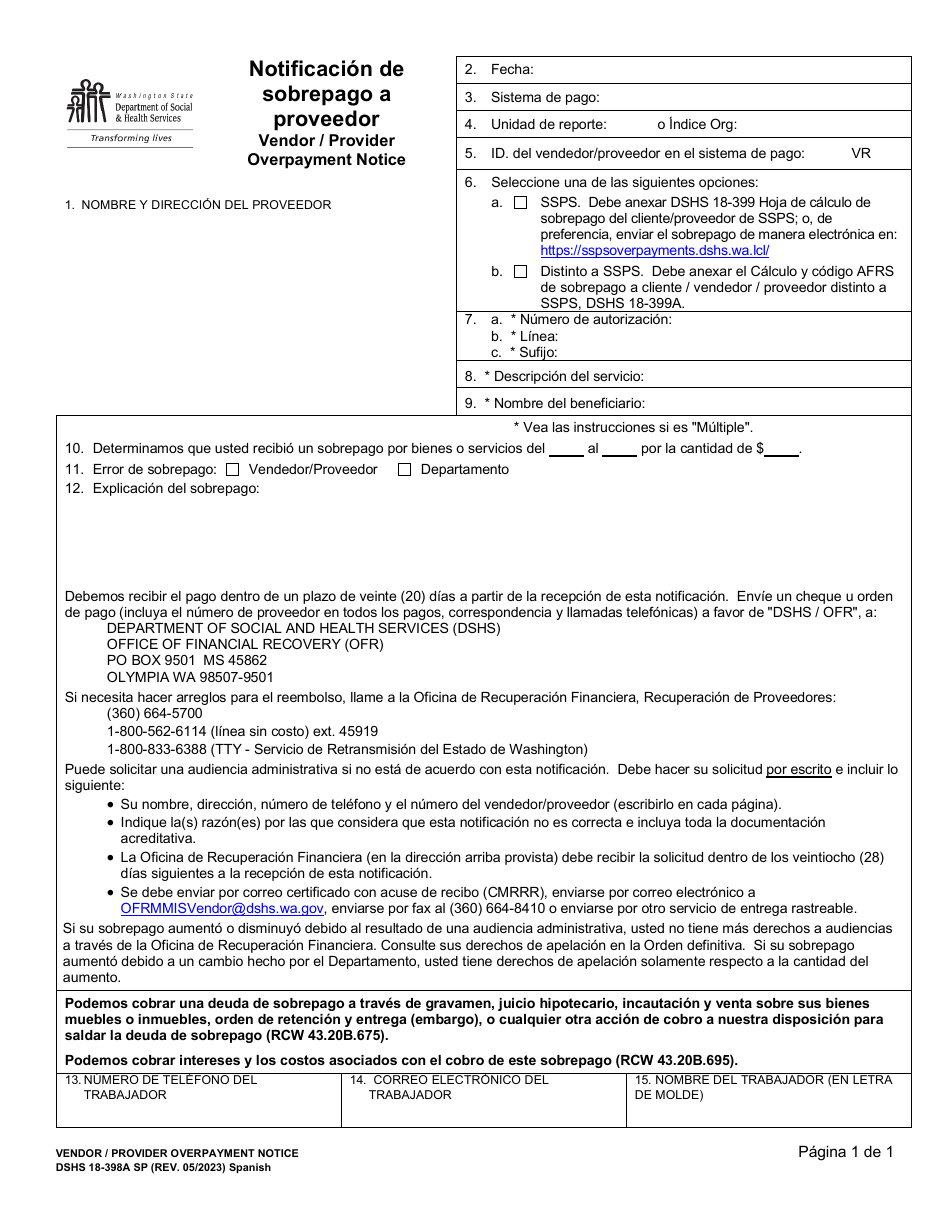 DSHS Formulario 18-398A Notificacion De Sobrepago a Proveedor - Washington (Spanish), Page 1