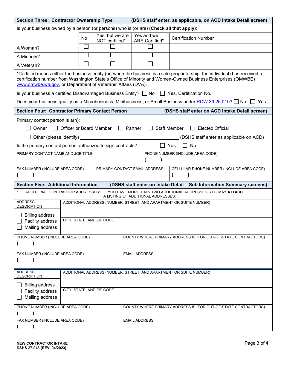 DSHS Form 27-043 Contractor Intake - Washington, Page 3