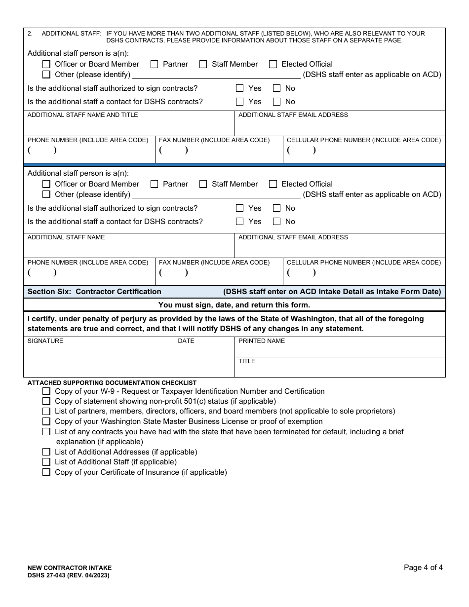 DSHS Form 27-043 Contractor Intake - Washington, Page 4