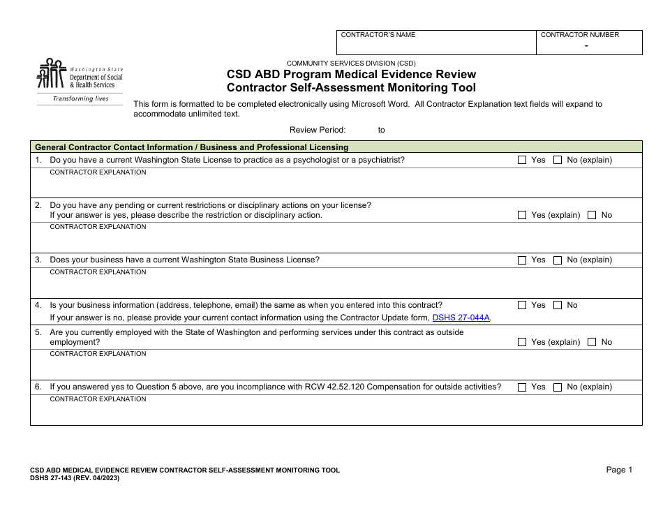 DSHS Form 27-143 Csd Abd Medical Evidence Review Contractor Self-assessment Monitoring Tool - Washington, Page 2