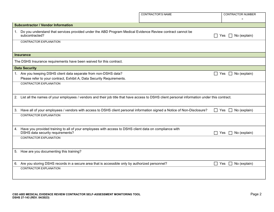DSHS Form 27-143 Csd Abd Medical Evidence Review Contractor Self-assessment Monitoring Tool - Washington, Page 3