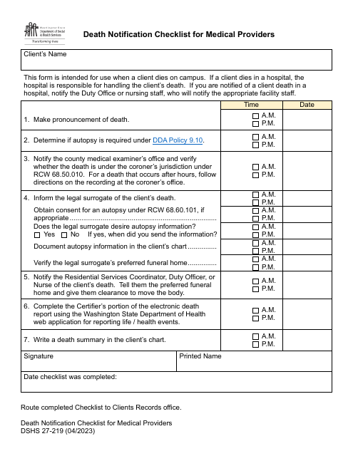 DSHS Form 27-219  Printable Pdf