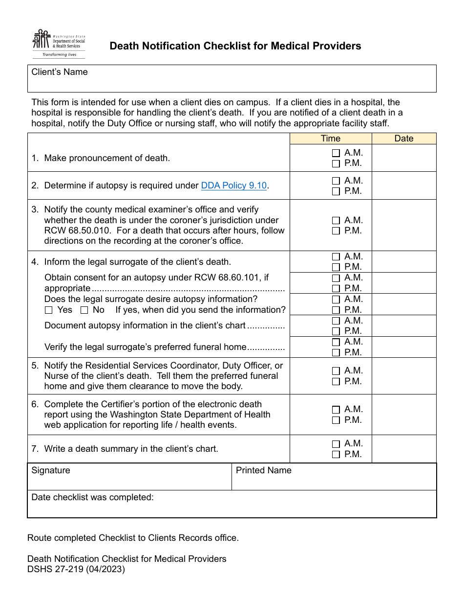 DSHS Form 27-219 Death Notification Checklist for Medical Providers - Washington, Page 1