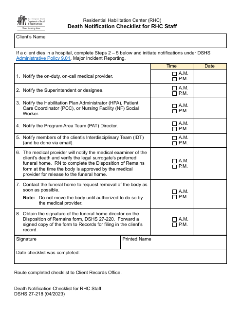 DSHS Form 27-218  Printable Pdf