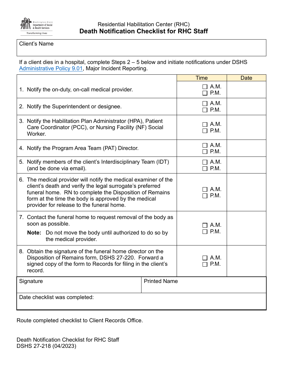 DSHS Form 27-218 Death Notification Checklist for Rhc Staff - Washington, Page 1
