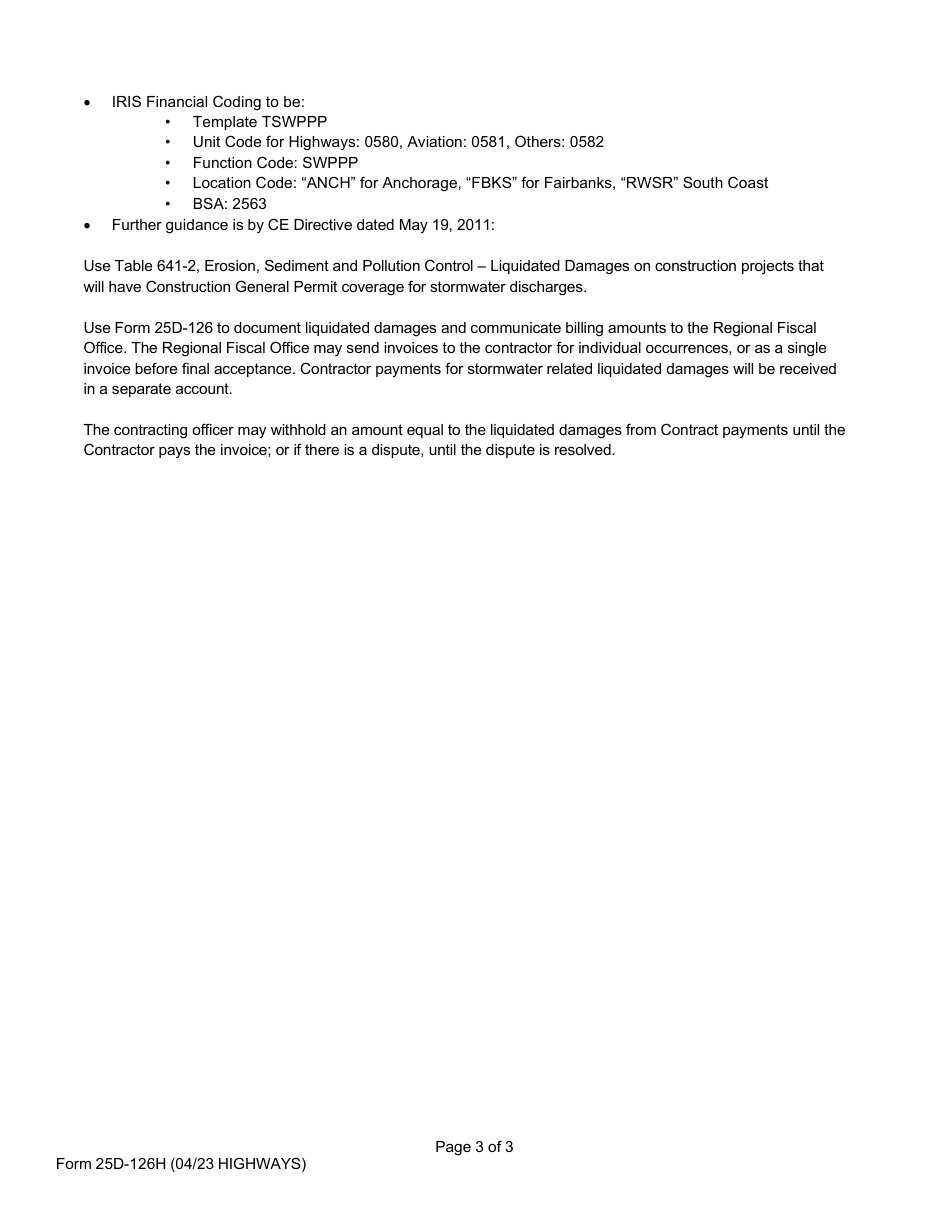 Form 25D-126H Swppp Liquidated Damages Table - Highways - Alaska, Page 3